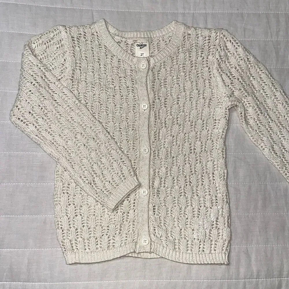 OshKosh 2T Ivory Gold Metallic Eyelet Knit Cotton Cardigan